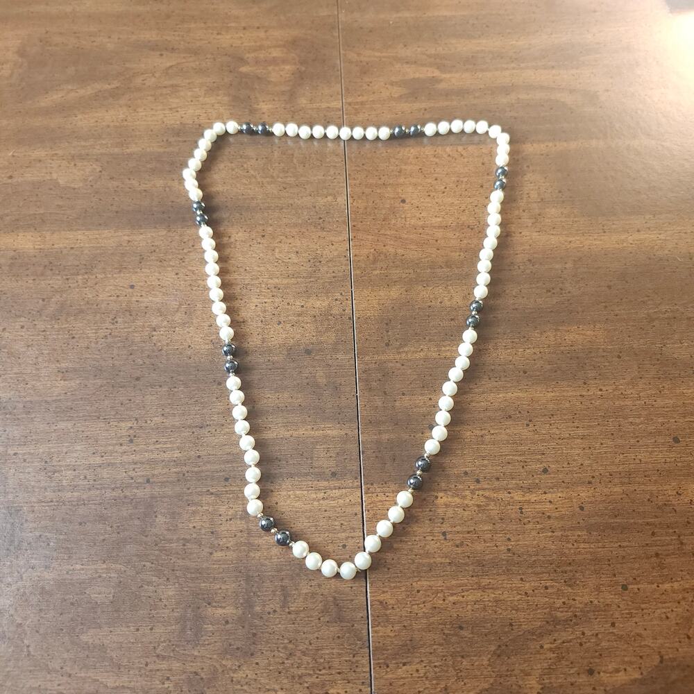 Faux Pearl Hematite Tone Beaded Necklace Knotted Gold Spacer Long Strand Jewelry